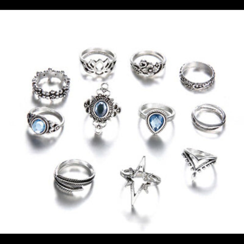 Women Blue Crystal Flower Rings Set - Picture 2 of 6